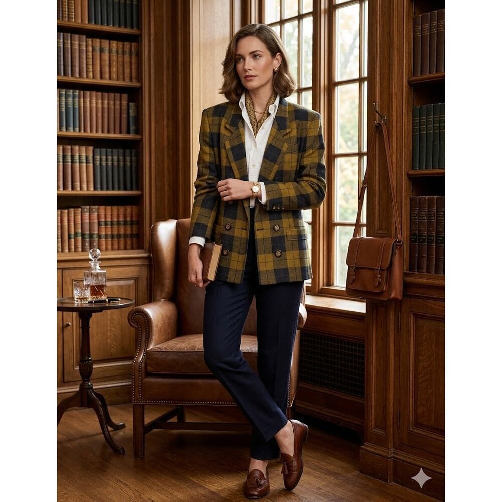 Kasper for ASL Size 4 Muted Gold Black Check Double Breasted Blazer Career